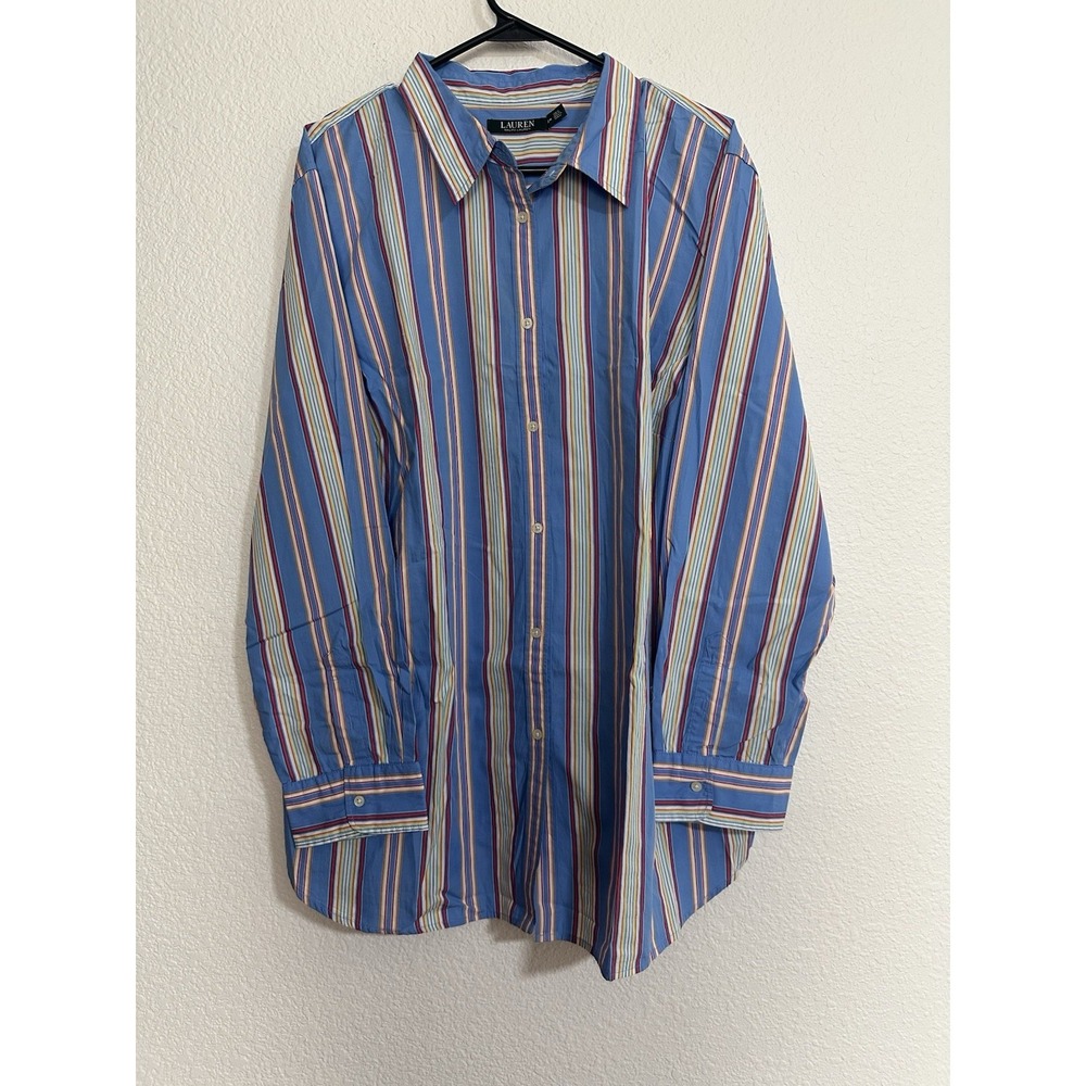 Lauren Ralph Lauren Top Shirt Womens 2X Multicolor Striped Blouse Button Boxy